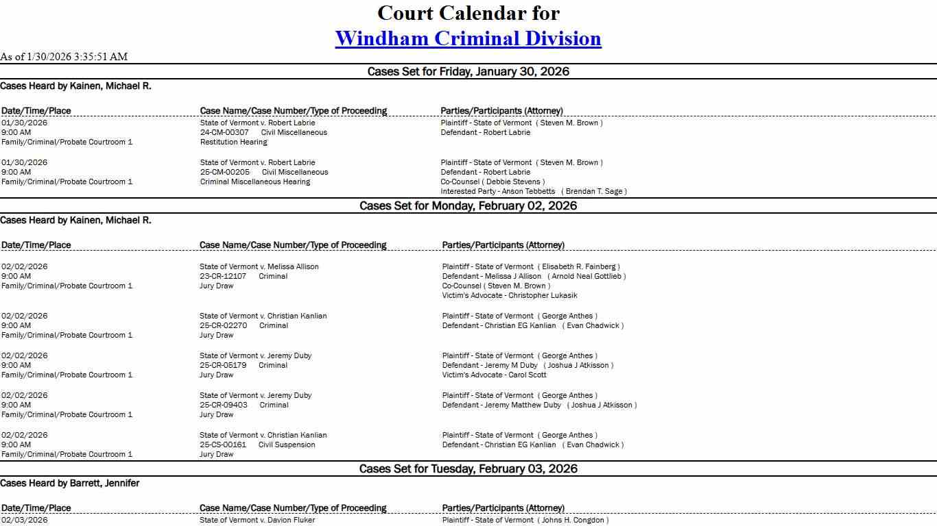 Windham Criminal Division Calendar